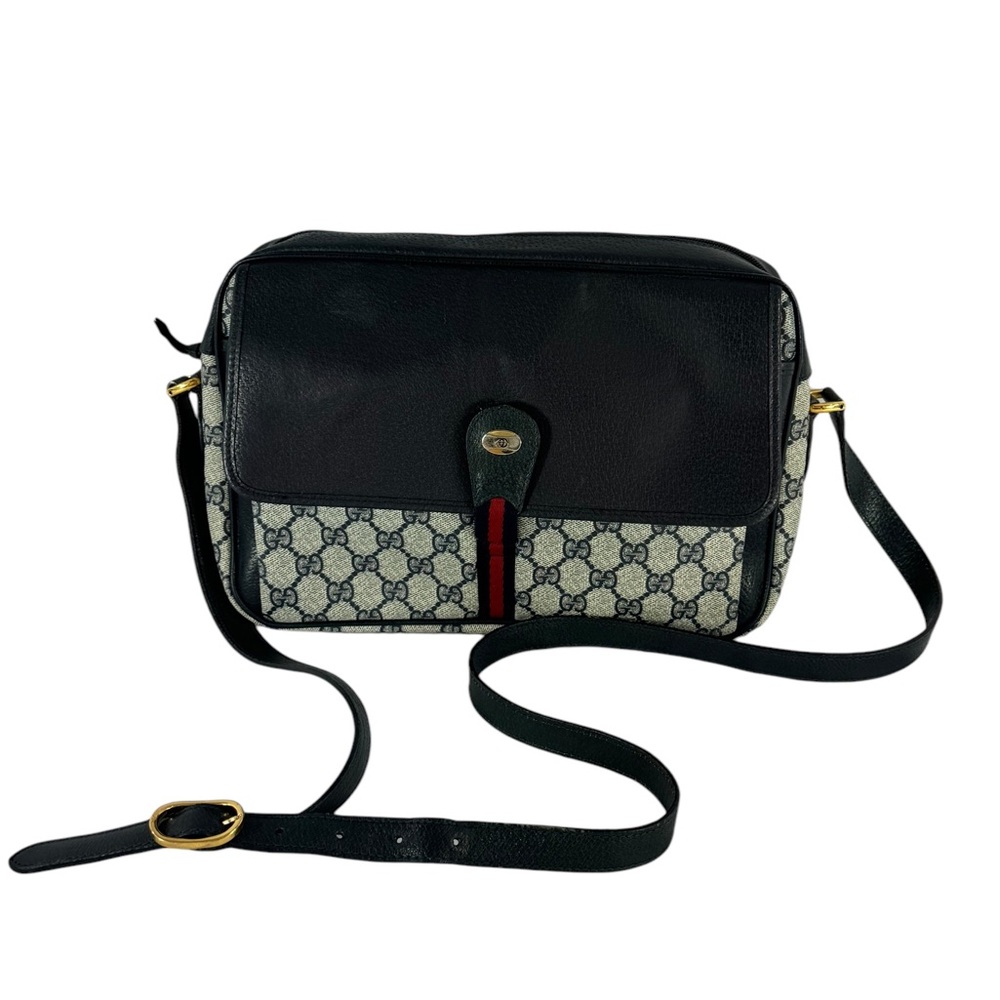 GUCCI School Bag Navy Blue Canvas Leather Ophidia Flap Accessory Collection